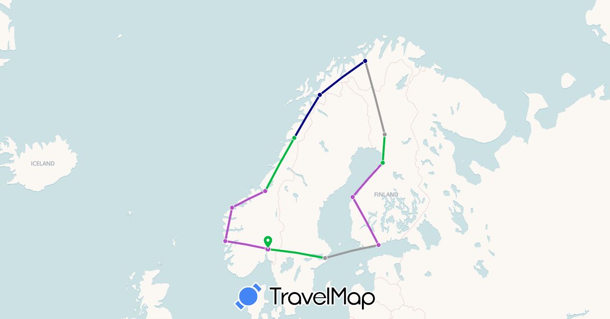 TravelMap itinerary: driving, bus, plane, train in Norway, Sweden (Europe)